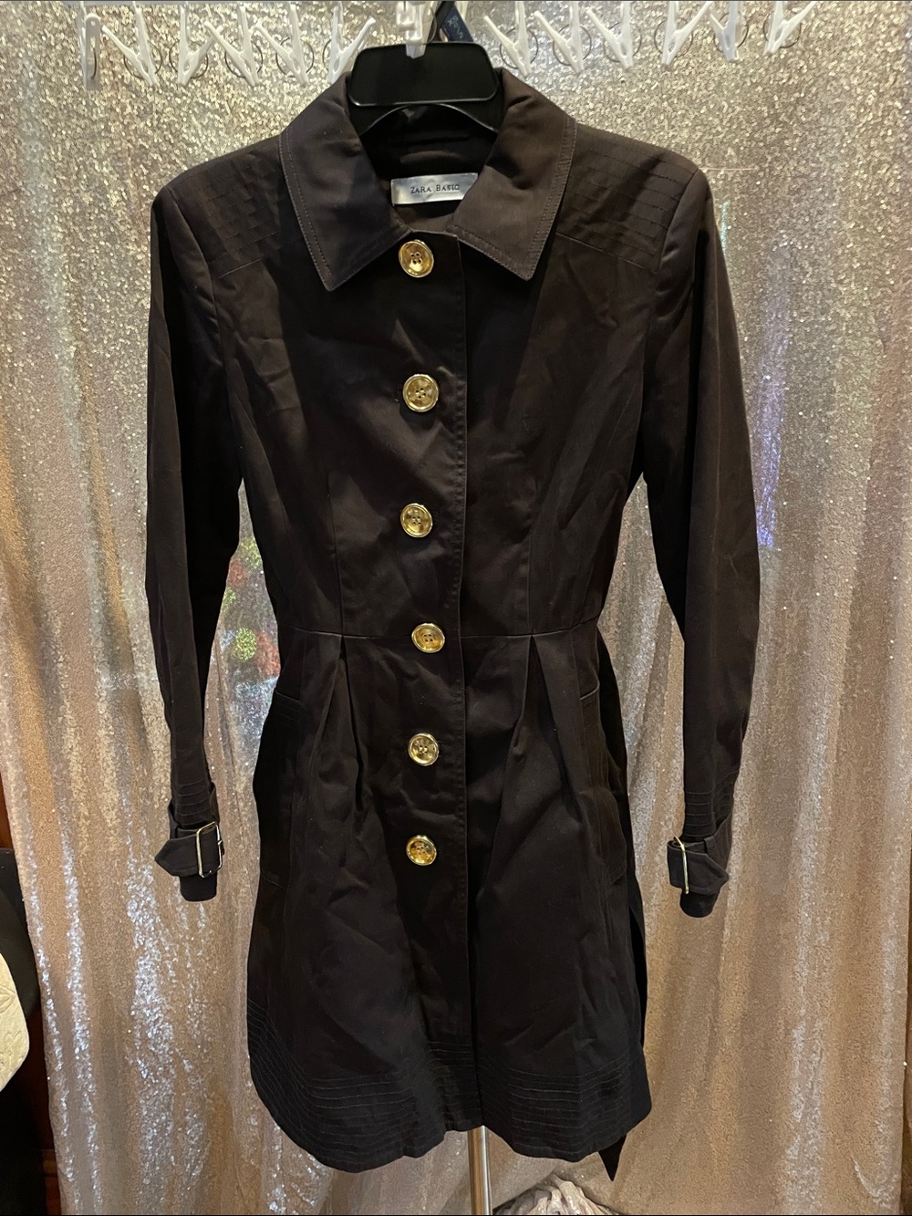 ZARA BASIC Black Trench Coat with Gold Buttons